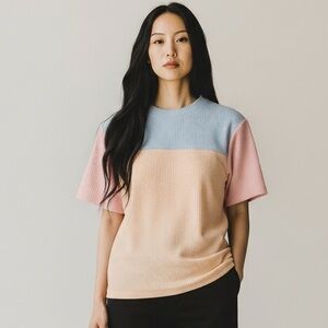 Three-Tone Ribbed Short Sleeve Top — Blue, Peach & Pink